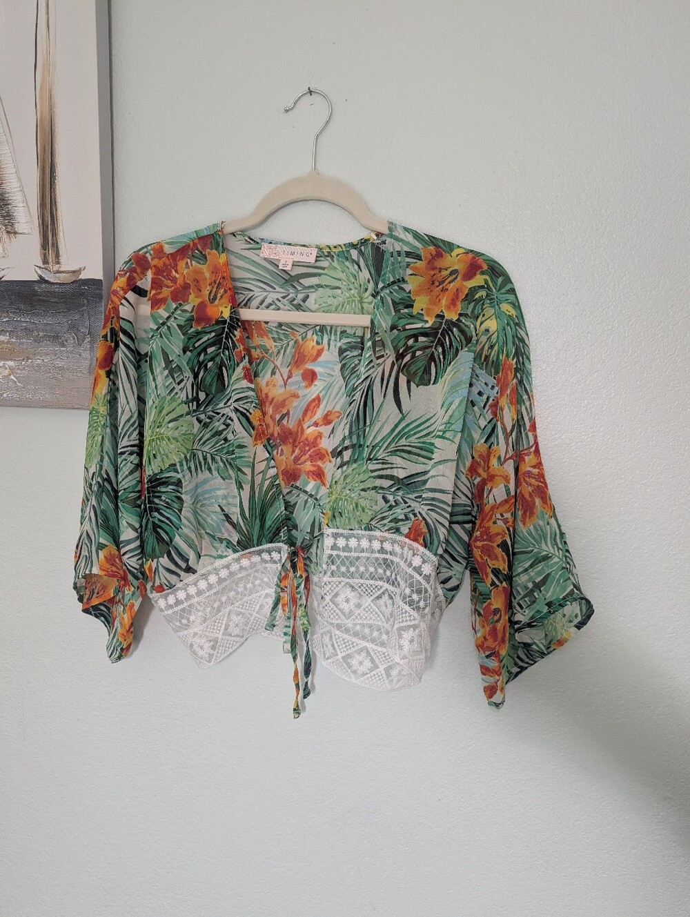 Timing Tropical Floral Tie-Front Lace-Hem Kimono - Green/Orange Size Small